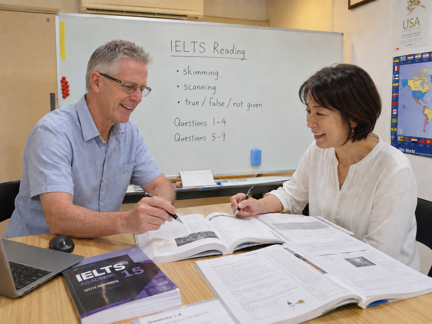 宮崎市のハロー英会話で外国人講師とIELTSリーディング対策を受ける生徒